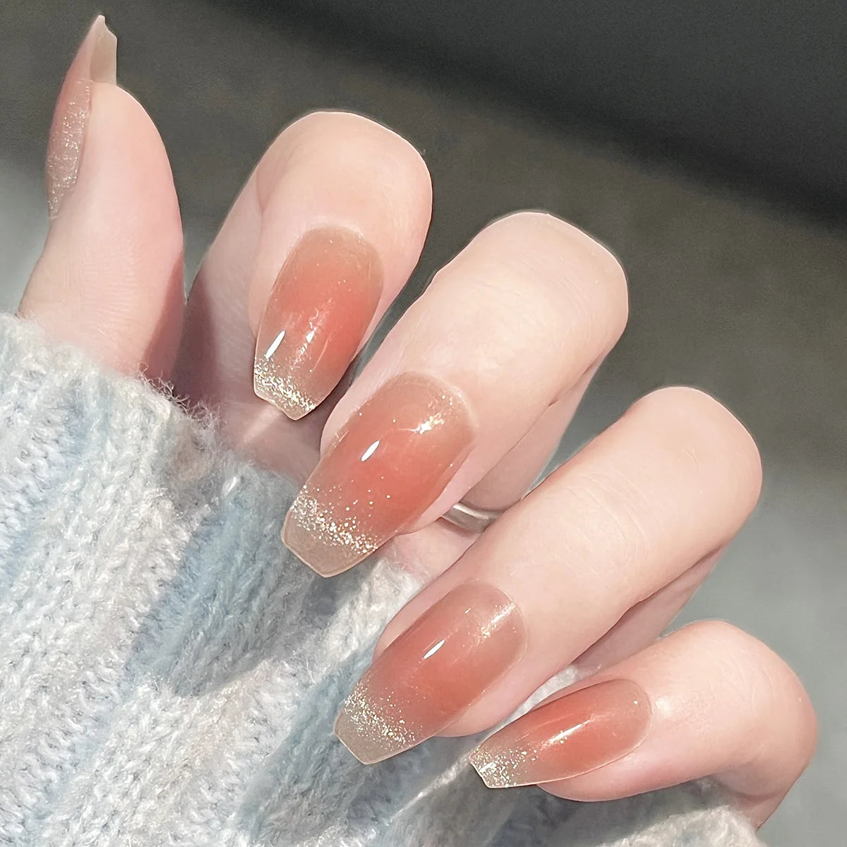 24Pcs French Shiny Cat Eye Fake Nail with Silver Edge Design Short Square Nails Wearable Finished Manicure Jelly Stick on Nails