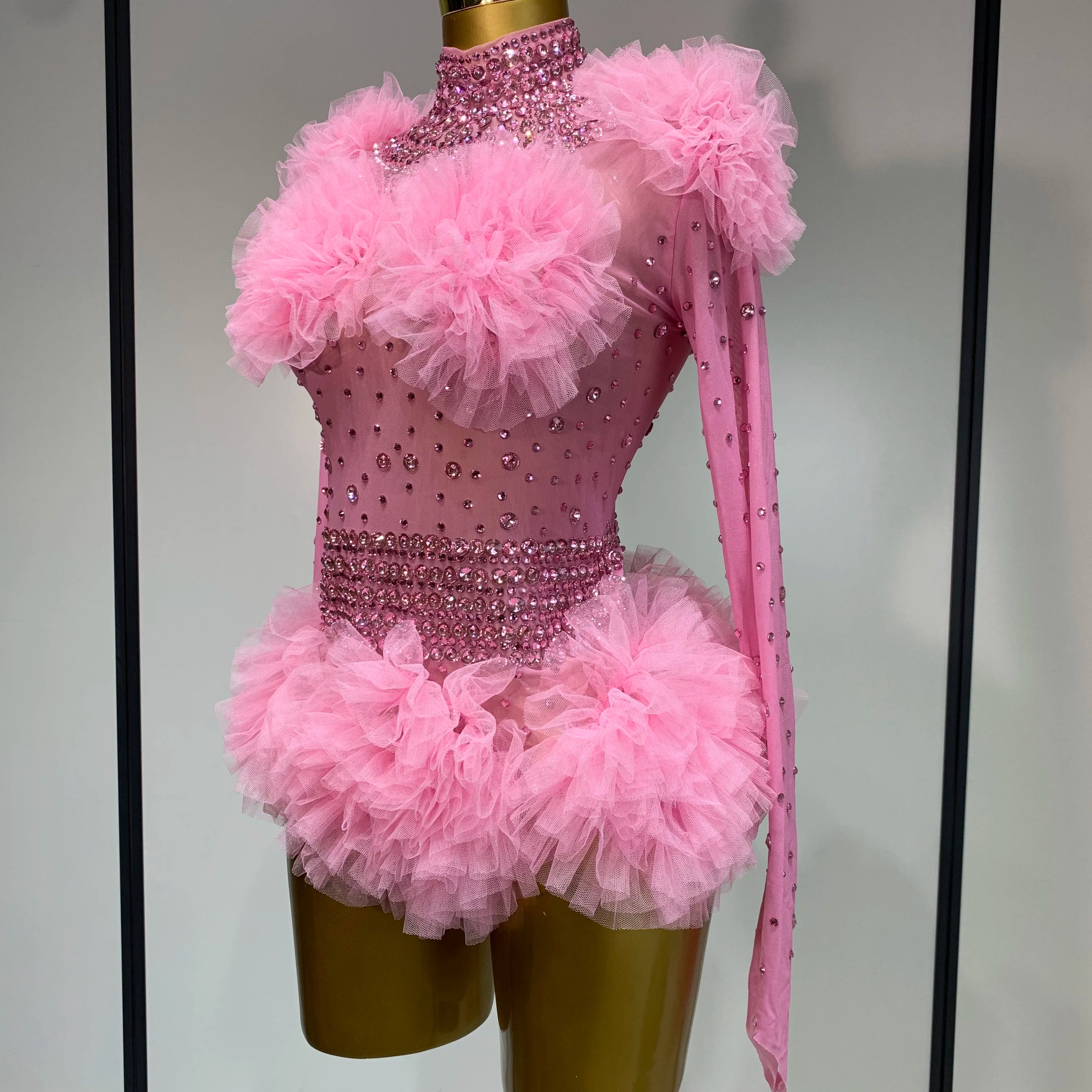 Sexy See Through Rhinestone Bodysuit 2025 Women Sexy Tight Mesh Ruffles Performance Dancer Singer Costume Nightclub Stage Outfit