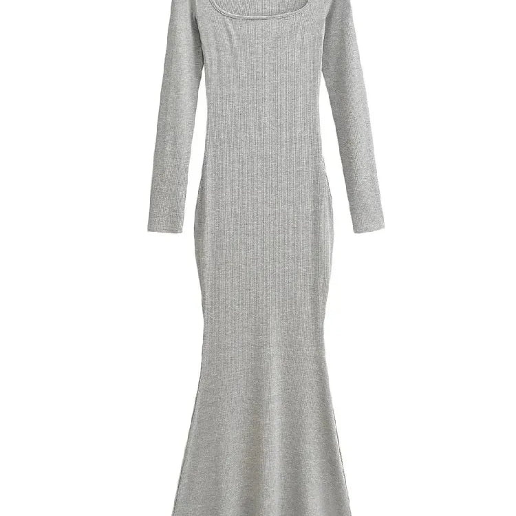 Sexy Square Collar Knitted Cotton Maxi Long Mermaid Dress Women Full Sleeve Stretch Basic Bodycon Fishtail Robe Vestido Light Grey