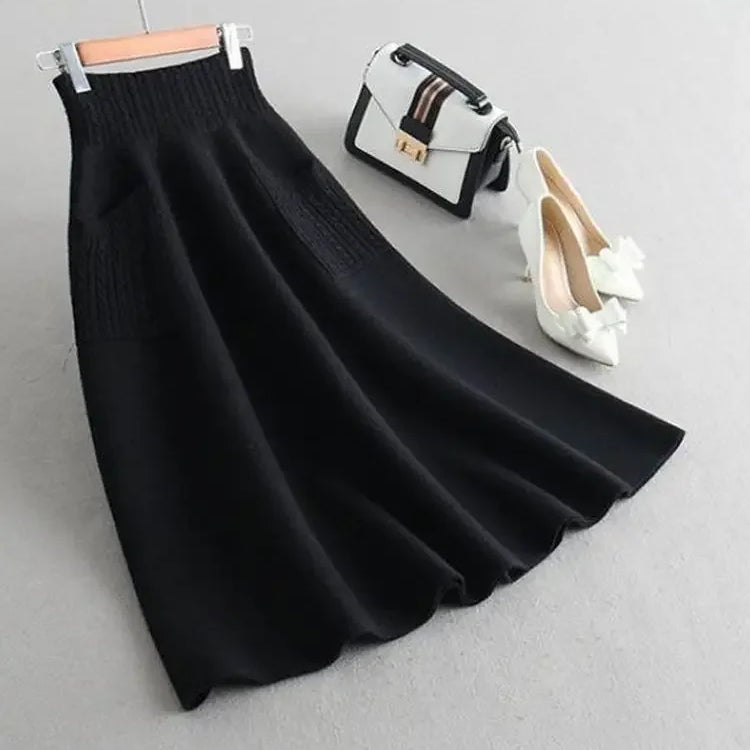Autumn Winter Warm Wool Knitting Long Skirts Women High Waist with Pocket Loose Female Solid Knit Mid-Calf Skirt B790 black