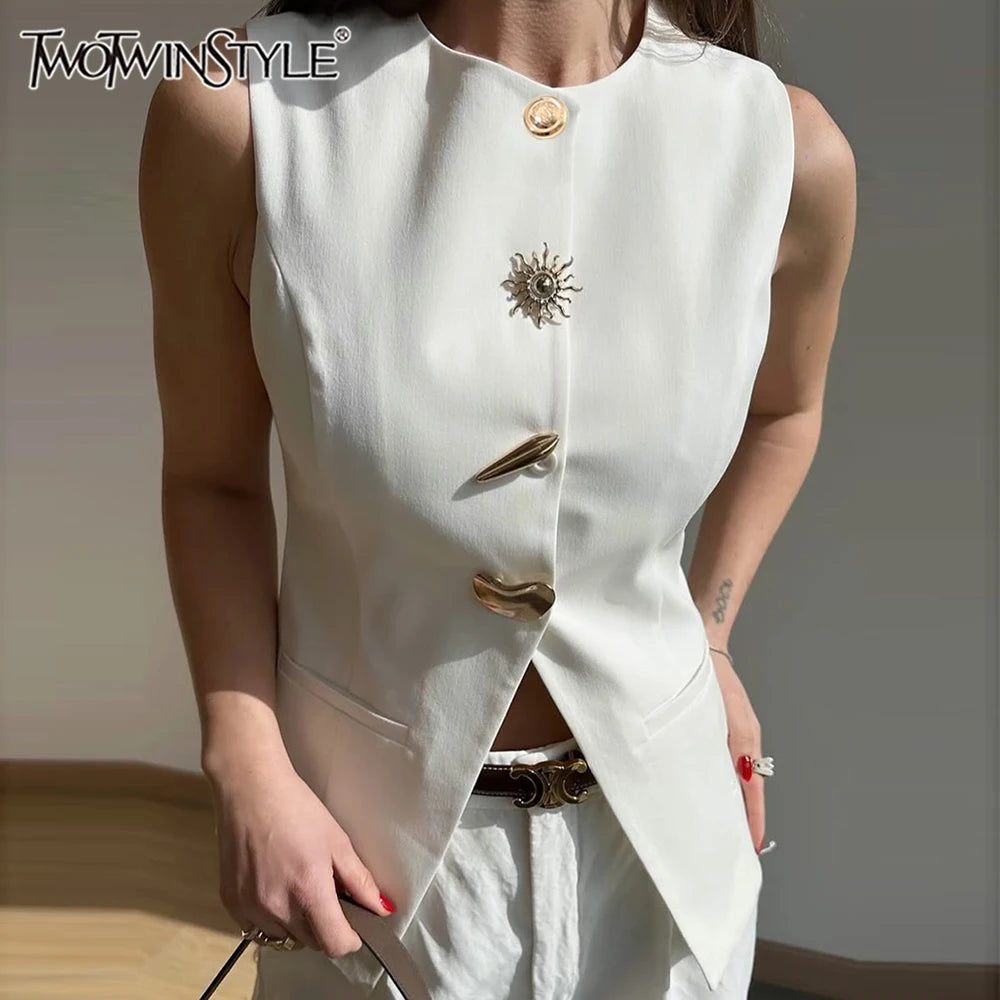 TWOTWINSTYLE Solid Slimming Split Vests for Women Round Neck Sleeveless Patchwork Irregular Button Fashion Vest Female Clothing