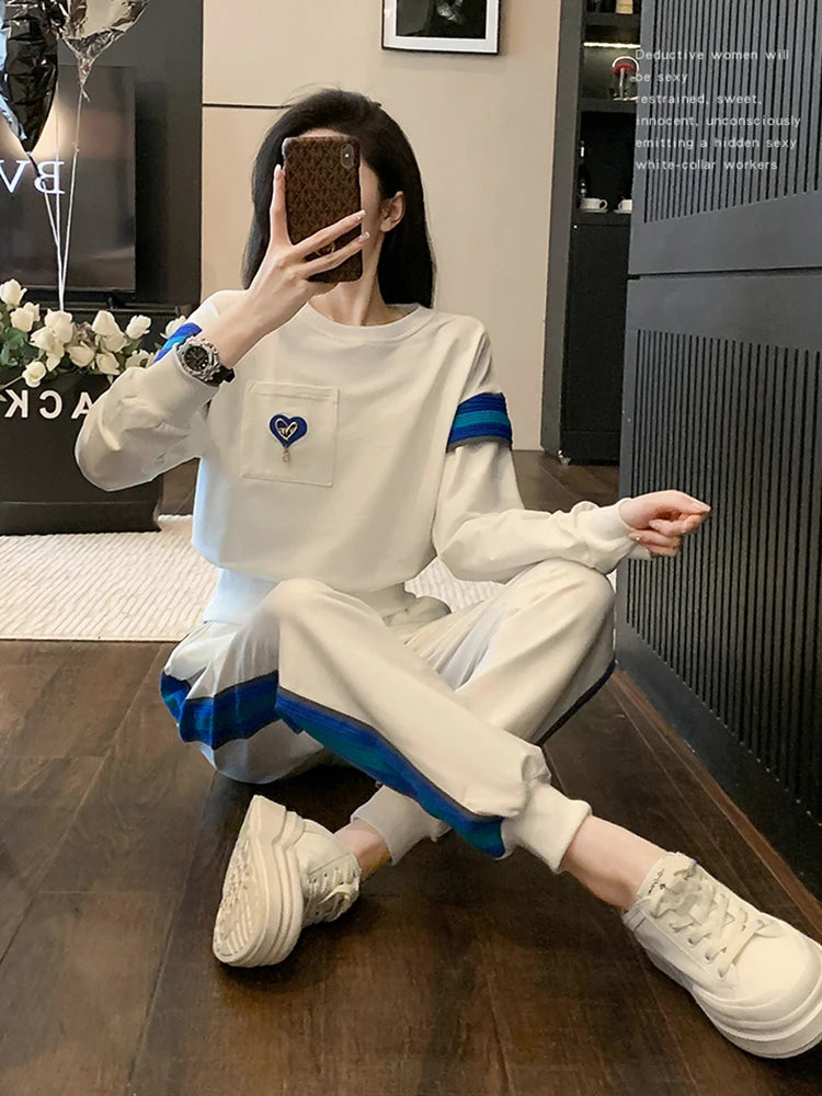 Autumn 2 Piece Sets Women Outfit Long Sleeve Tracksuit Casual Basic Patchwork Pullovers/Sweatshirt Pencil Pants Sweatsuit
