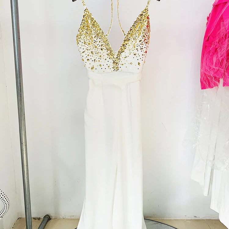 HIGH STREET est Fashion Summer 2024 Designer Women Spaghetti Strap Stunning Strass Stone Didmonds Beading Straight Jumpsuit