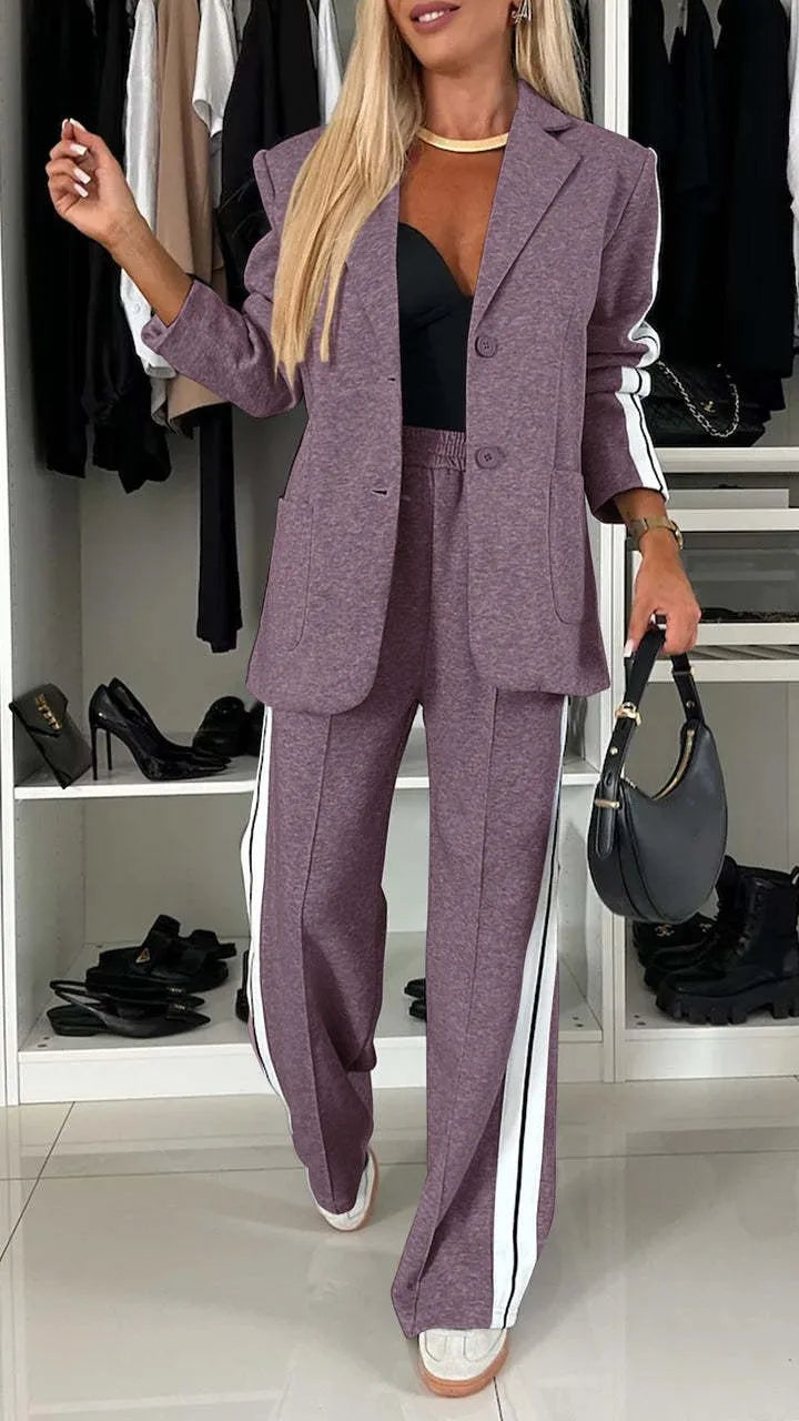 CM.YAYA Elegant Women Pants Suit and Long Sleeve Blazer Matching Set OL Streetwear Two 2 Piece Set 2024 Winter Ribbon Outfits Purple