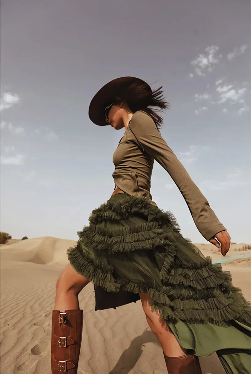 3 Colors Women's Irregular Hem Ball Gown Long Skirt Tulle Ruffles Multilayers Skirt Ladies Fairy Gauze Maxi Skirts Female Outfit