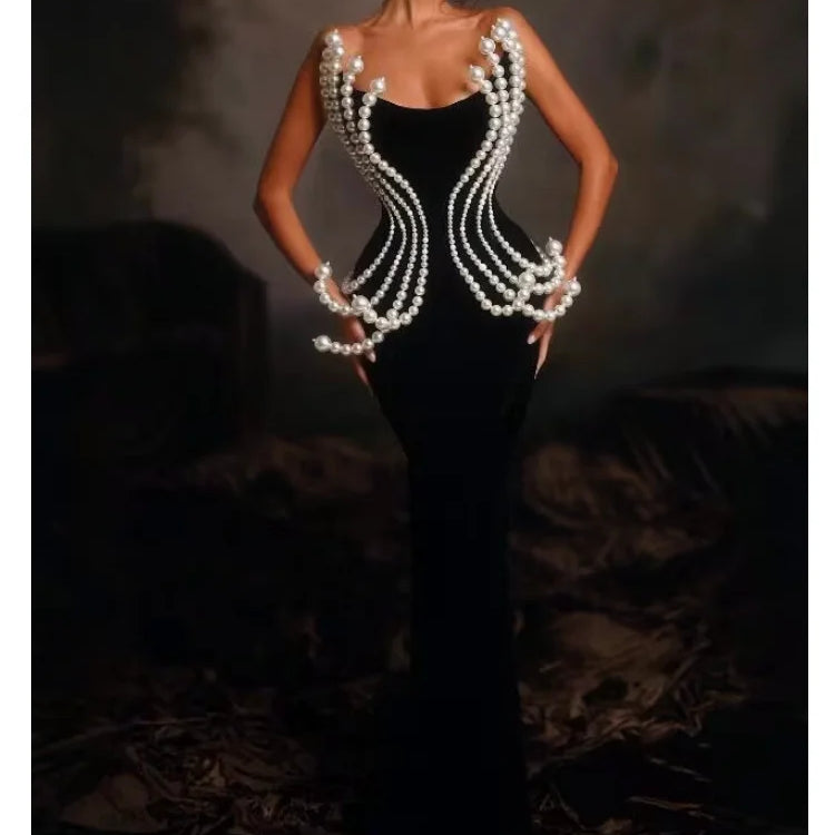 Luxury Pearl Geometric Design Strapless Package Hips Bandage Long Dress Elegant Woman Party Dress Celebrity Party Vestido