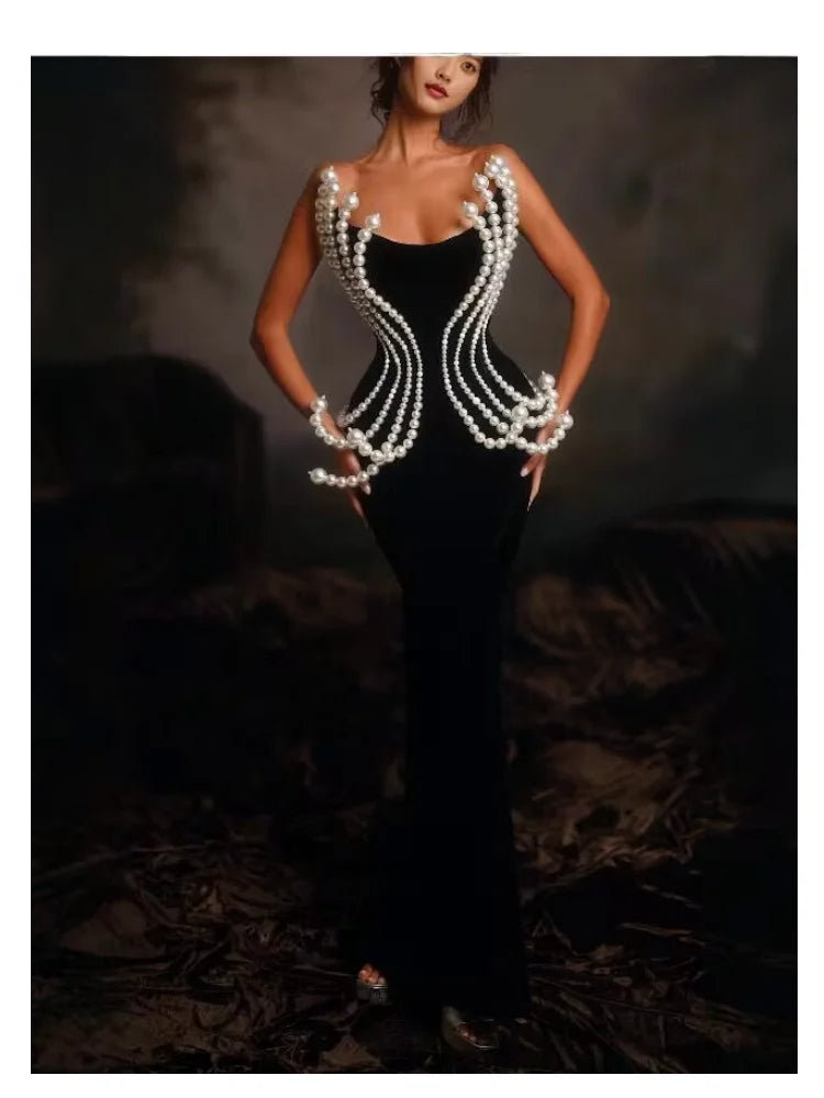 Luxury Pearl Geometric Design Strapless Package Hips Bandage Long Dress Elegant Woman Party Dress Celebrity Party Vestido