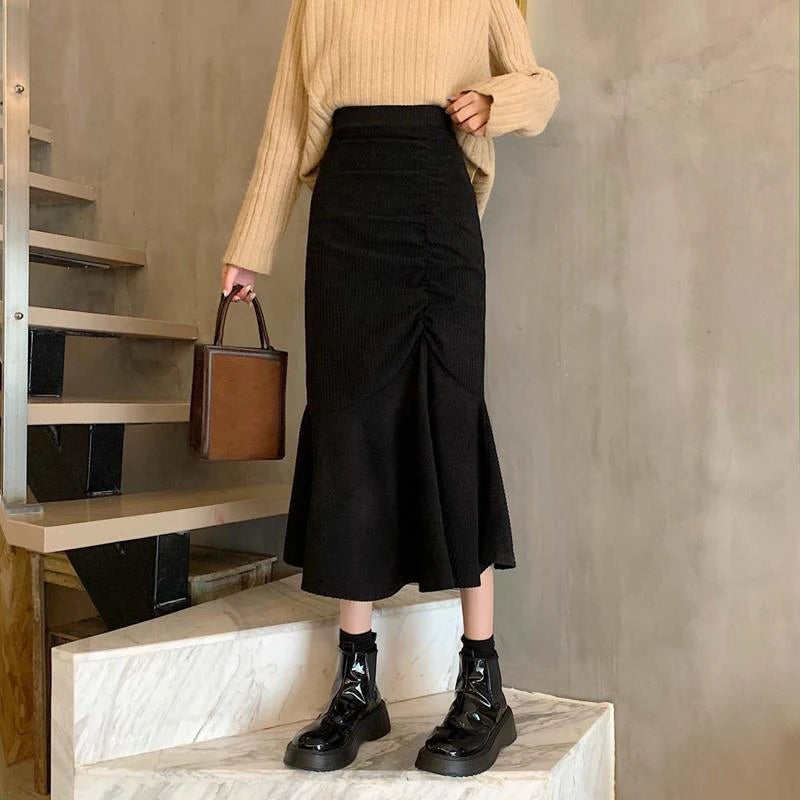 Fashion High Waist Midi Skirts for Women Spring Slim Fit Hip Mermaid Skirt Woman Korean Ruffles Brown Skirts 2XL
