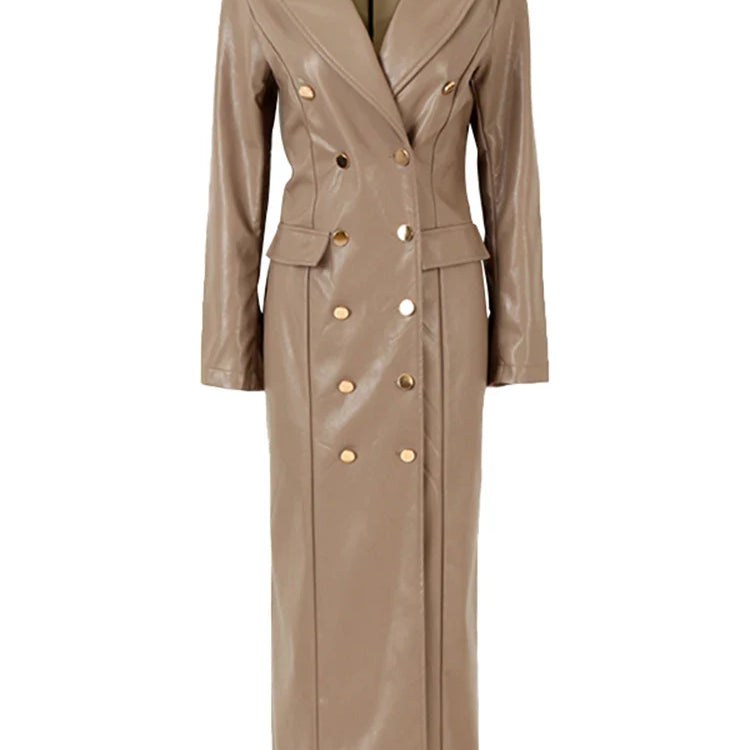 Spring Autumn Extra Long Black Faux Leather Trench Coat for Women Double Breasted Luxury Elegant British Fashion 2022 Khaki