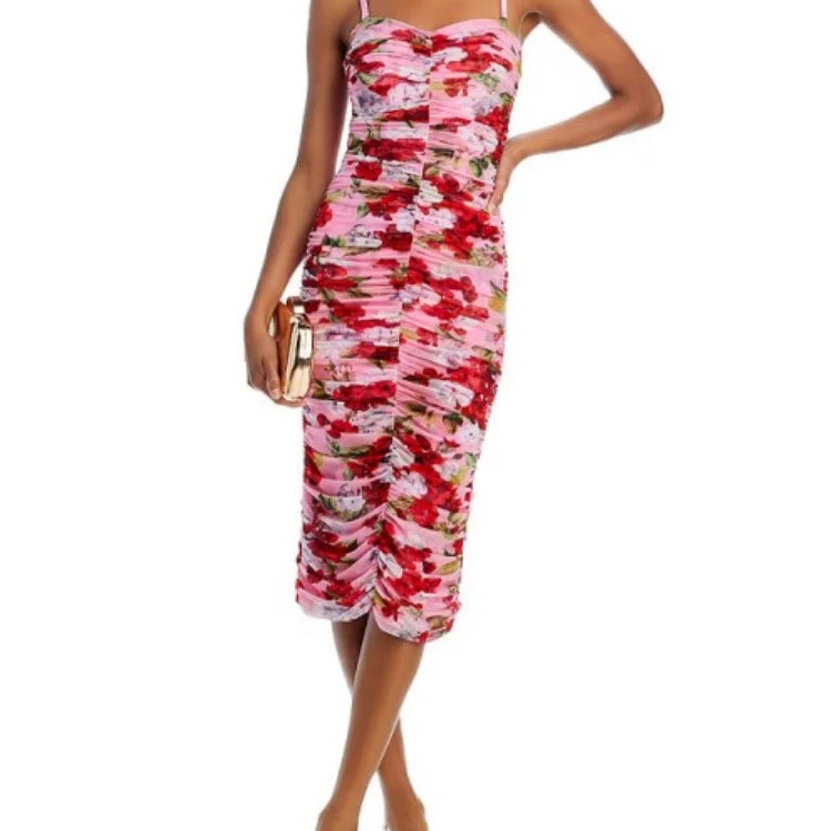 Print Color Women Sleeveless Sexy Strap Bodycon Mid-calf Dress Celebrate Nightclub Party Vacation Birthday Dress Wholesale