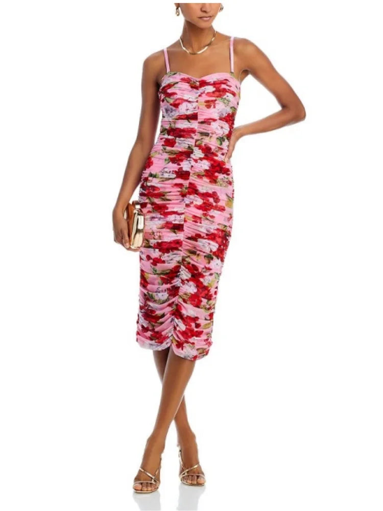 Print Color Women Sleeveless Sexy Strap Bodycon Mid-calf Dress Celebrate Nightclub Party Vacation Birthday Dress Wholesale