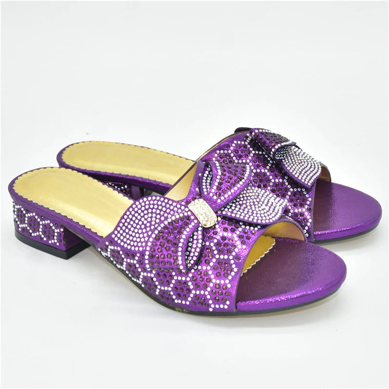 Crystal Big Bow Low Heels Women Rhinestone Bowtie Wedding Shoes Big Size Italian Elegant Women Party Pumps PURPLE