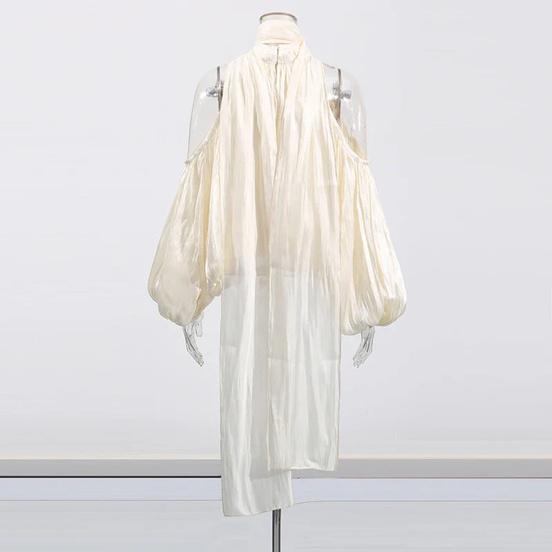 Solid Loose Spliced Folds Mini Blouse for Women Round Neck Long Sleeves Patchwork Hollow Out Elegant Top Female New