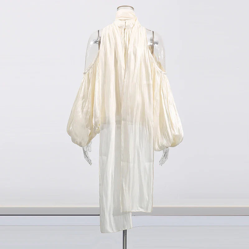 Solid Loose Spliced Folds Mini Blouse for Women Round Neck Long Sleeves Patchwork Hollow Out Elegant Top Female New