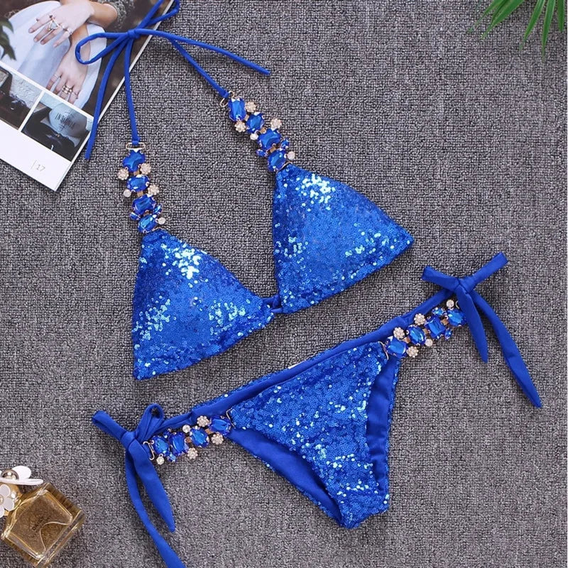 Shiny Sexy Bikinis Swimsuit With Rhinestones Women Swimwear Female Push Up Bikini Beach Swim Wear Bathing Suits Pool Bather 2024 A23052402D