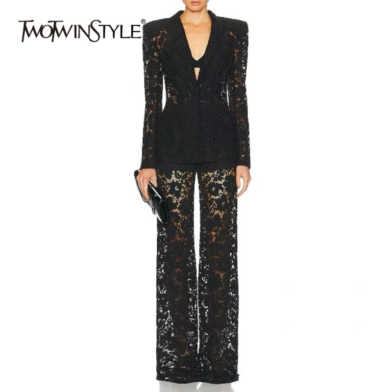 TWOTWINSTYLE Solid Sheer Spliced Lace Two Piece Sets for Women Lapel Long Sleeves Patchwork Button Top Pant Elegant Set Female