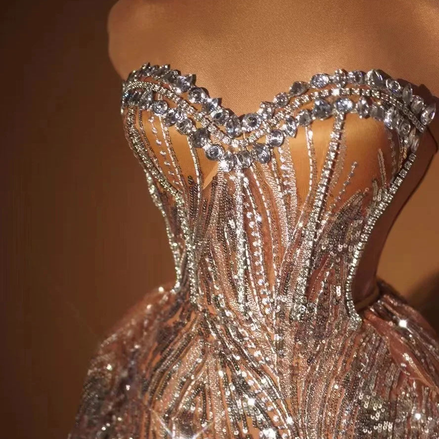 Silver Sparkly Crystal Women Strapless Laced-up 2 Pieces Long Dress Celebrate Birthday Photo Shoot Performance