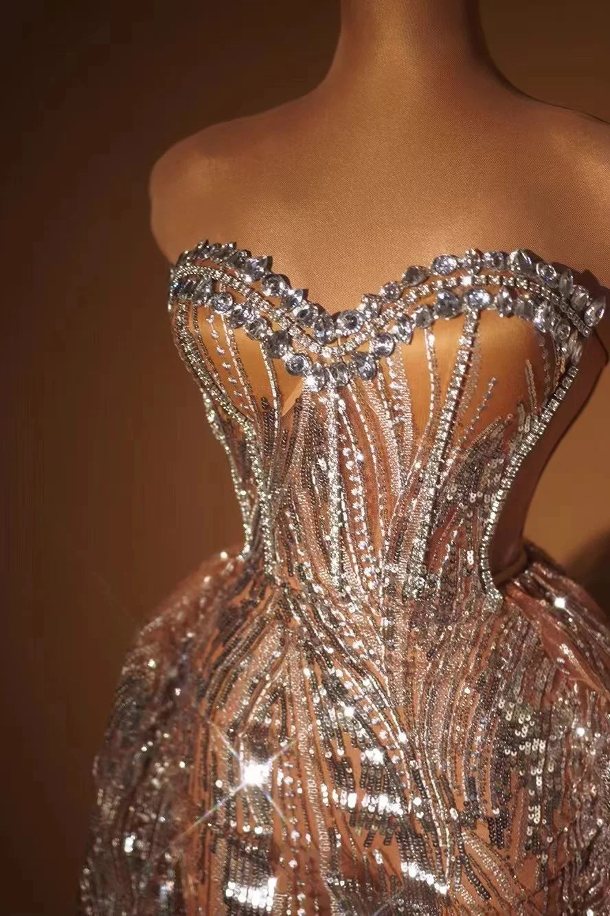 Silver Sparkly Crystal Women Strapless Laced-up 2 Pieces Long Dress Celebrate Birthday Photo Shoot Performance