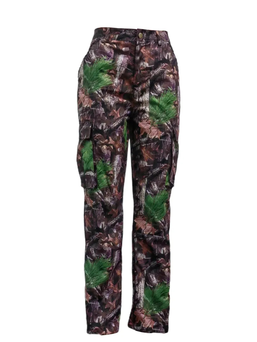 Mid-Waist Side Pocket Design Camo Print Cargo Pants Women Street Y2K Trousers Print Design Jeans