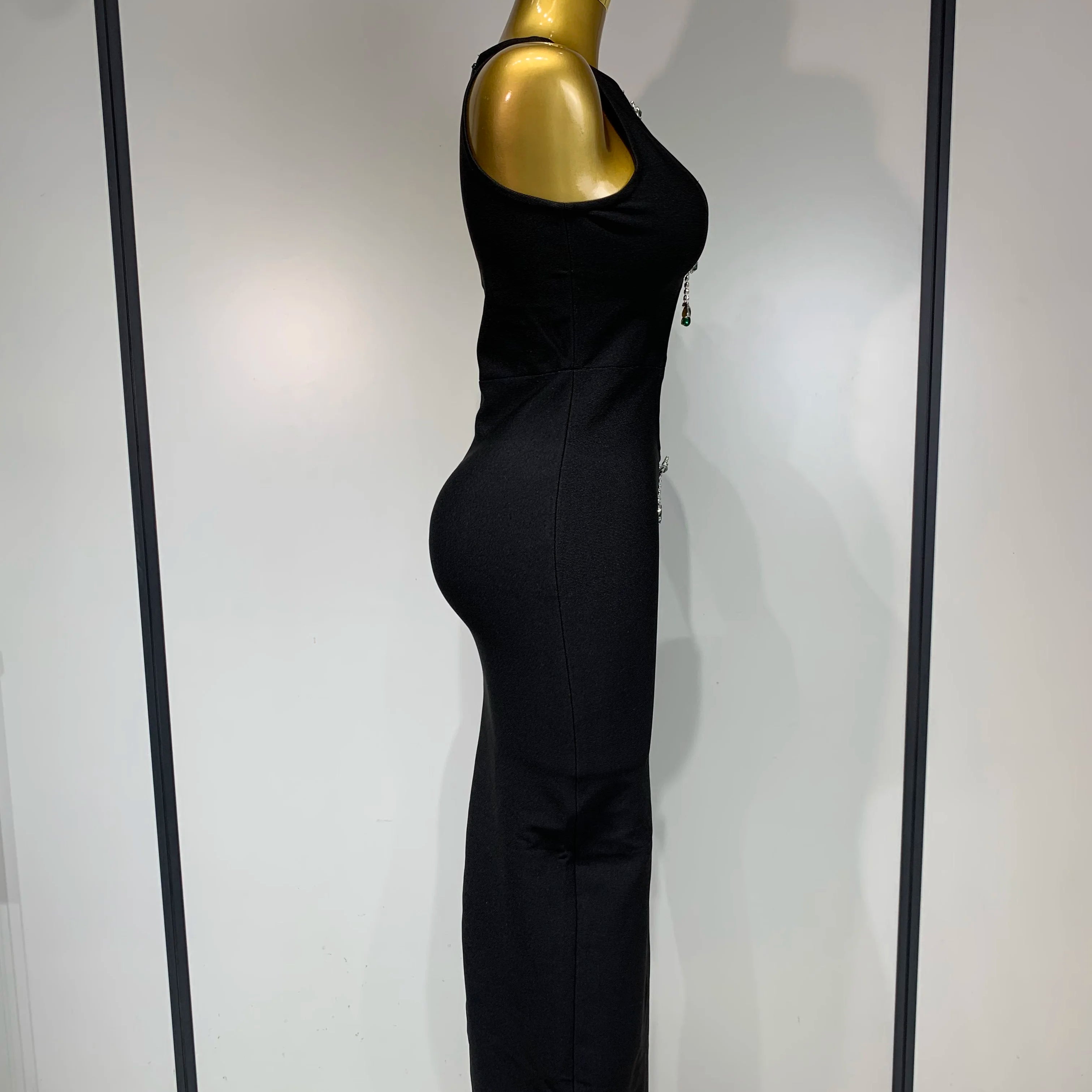 Women Celebrity Sexy Cut Out Diamonds Black Long Bodycon Bandage Dress 2025 Elegant Evening Club Party Luxury Birthday Dresses