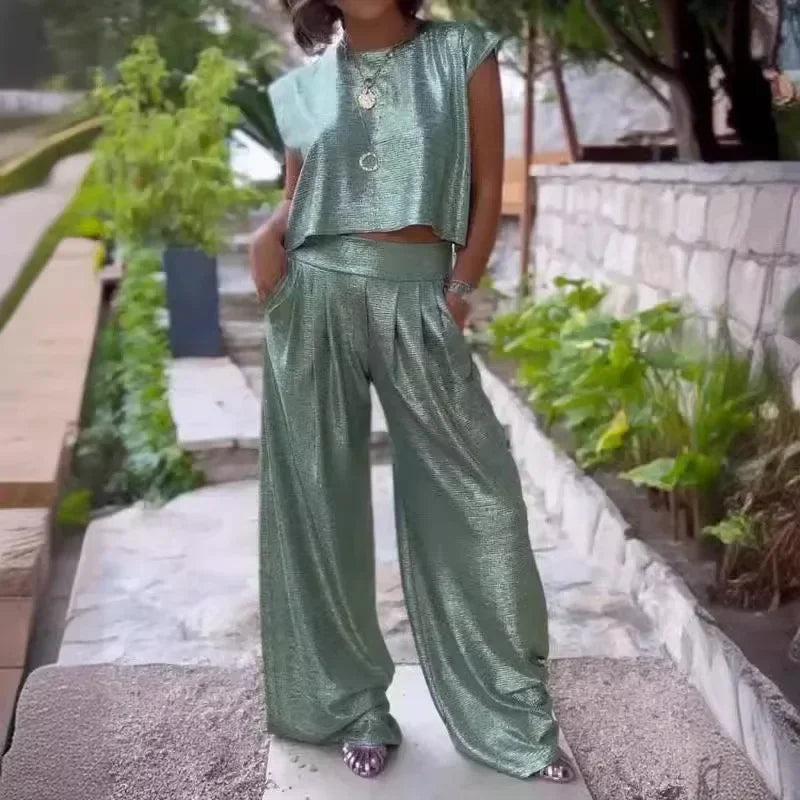 Plus Size Women's 0XL-5XL Summer Casual Sleeveless Fashion Comfortable Women's Glossy Tank Top Wide Leg Pants Two Piece Set