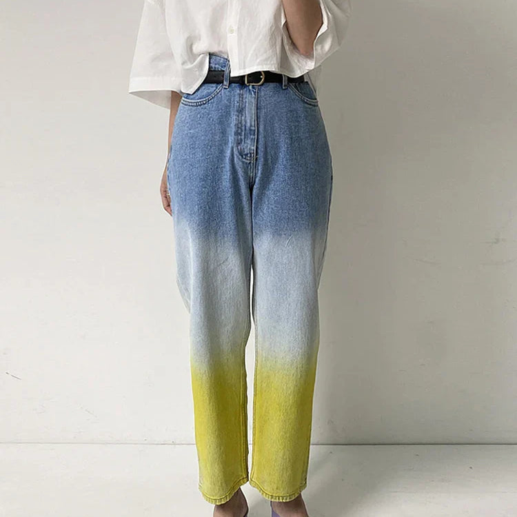 Fotvotee Jeans for Women Casual Gradient Denim Pants New Fashion High Waist Pockets Harem Pants Streetwear Ladies Y2k Jeans