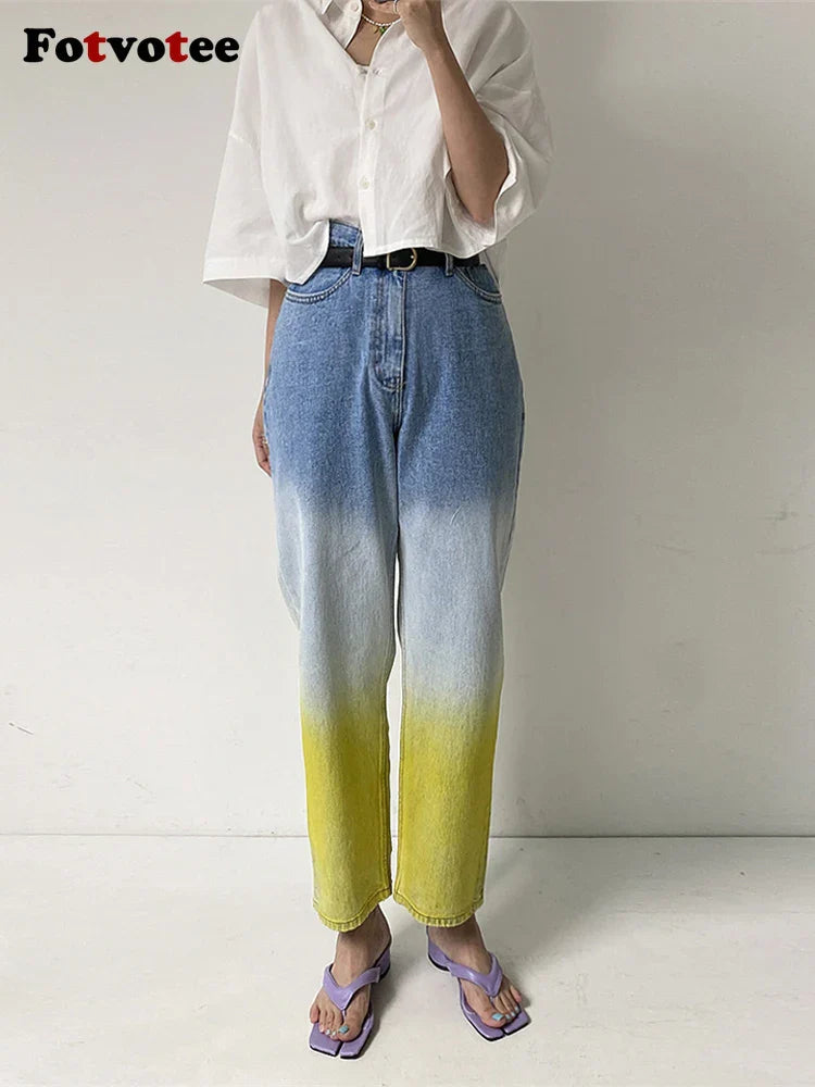 Fotvotee Jeans for Women Casual Gradient Denim Pants New Fashion High Waist Pockets Harem Pants Streetwear Ladies Y2k Jeans