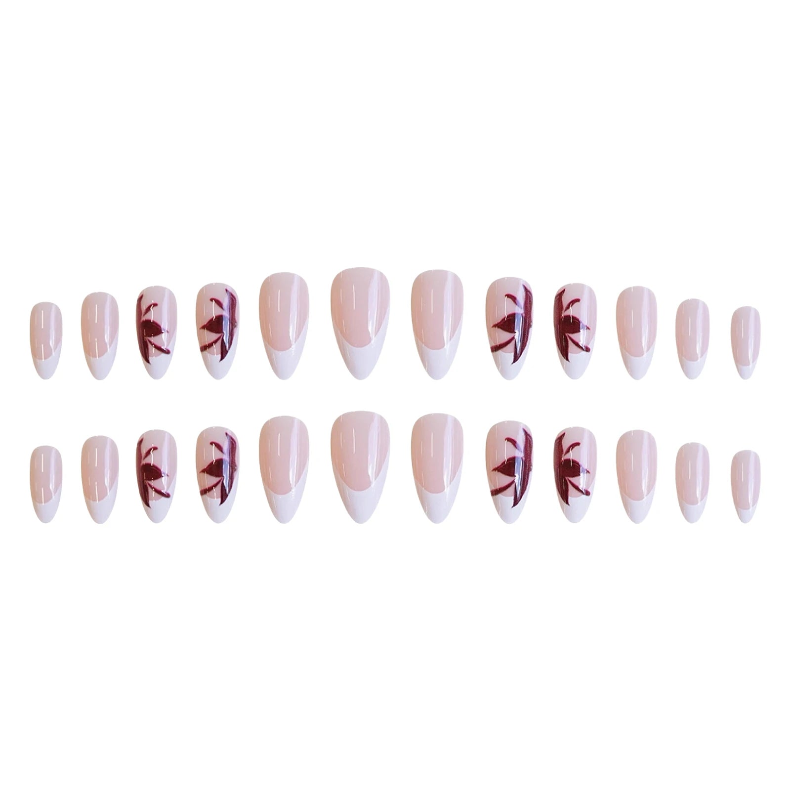 24Pcs White French Fake Nails Nude Color Almond Press On Nails Red Flower Printed Women Reusable False Nails DIY Manicure