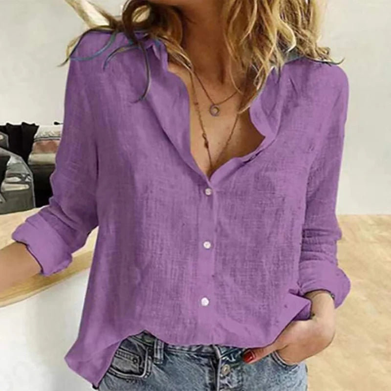 Women Casual Long Sleeve Cotton Linen Loose Shirt Elegant Solid Harajuku Lapel Blouse Vintage Oversize Tops Y2K Streetwear Tunic Purple