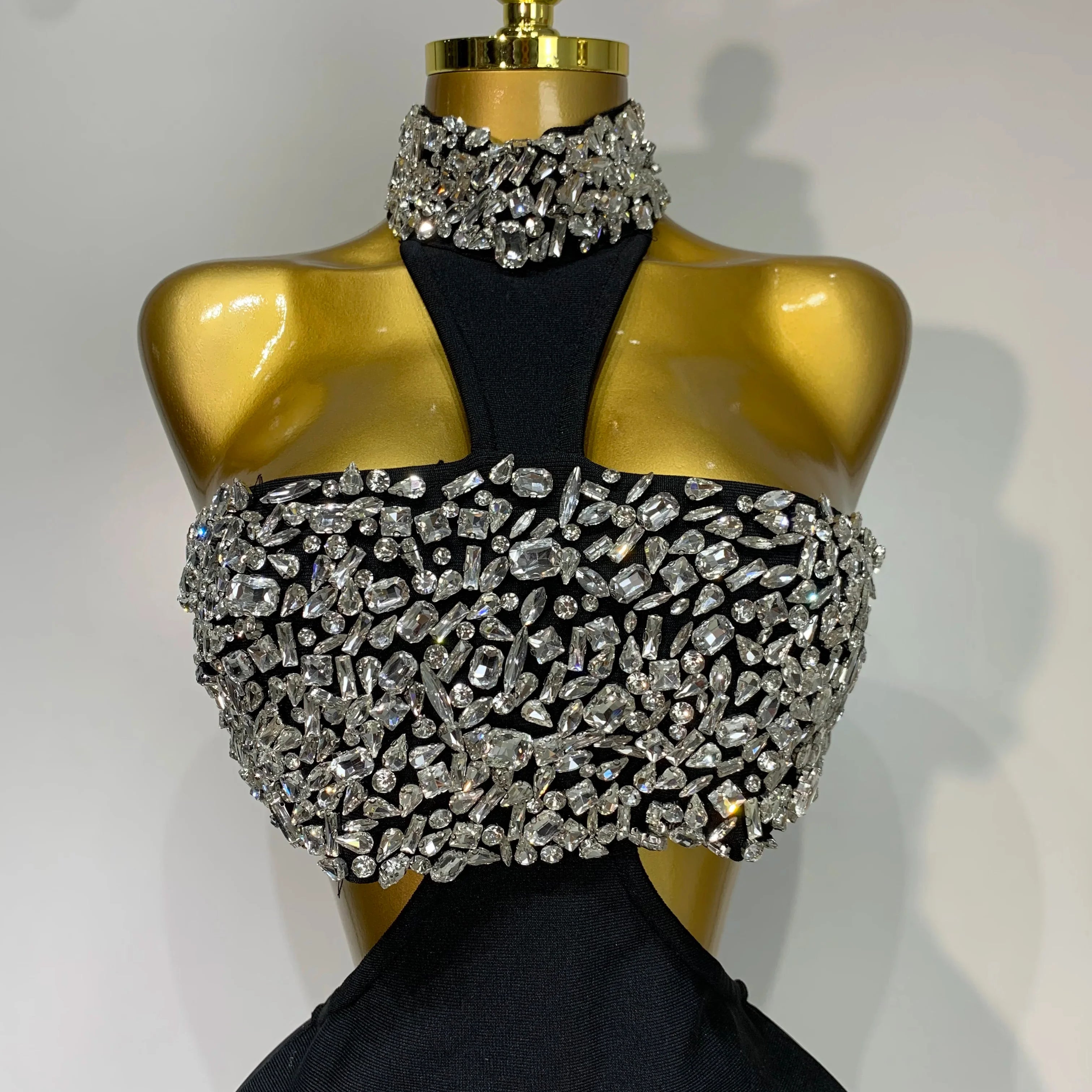 Women Sexy Backless Sparkly Crystal Diamonds Black Bodycon Bandage Dress Celebrity Elegant Evening Club Party Birthday Dresses