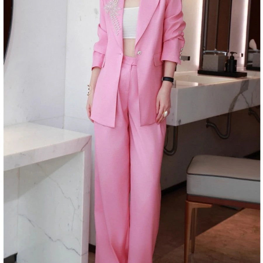 TWOTWINSTYLE Solid Spliced Appliques Two Piece Sets for Women Lapel Long Sleeves Patchwork Button Top High Waist Pant Set Female