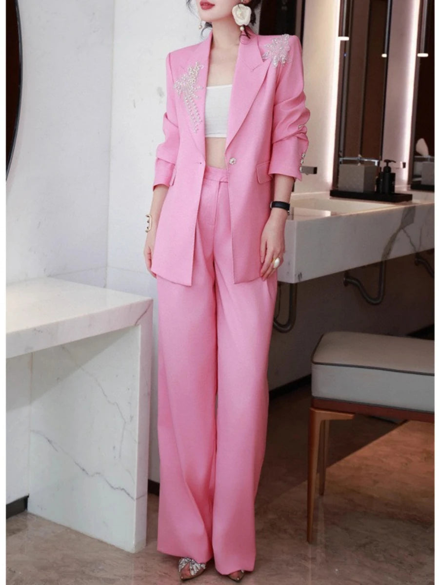 TWOTWINSTYLE Solid Spliced Appliques Two Piece Sets for Women Lapel Long Sleeves Patchwork Button Top High Waist Pant Set Female