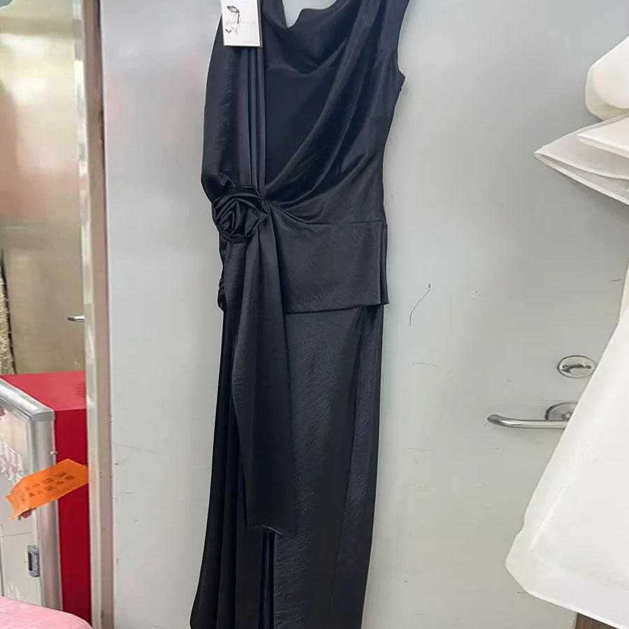 Solid Sliced 3D Flower Split Dresses for Women Swinging Collar Sleeveless Patchwork Folds Backless Dress Female New