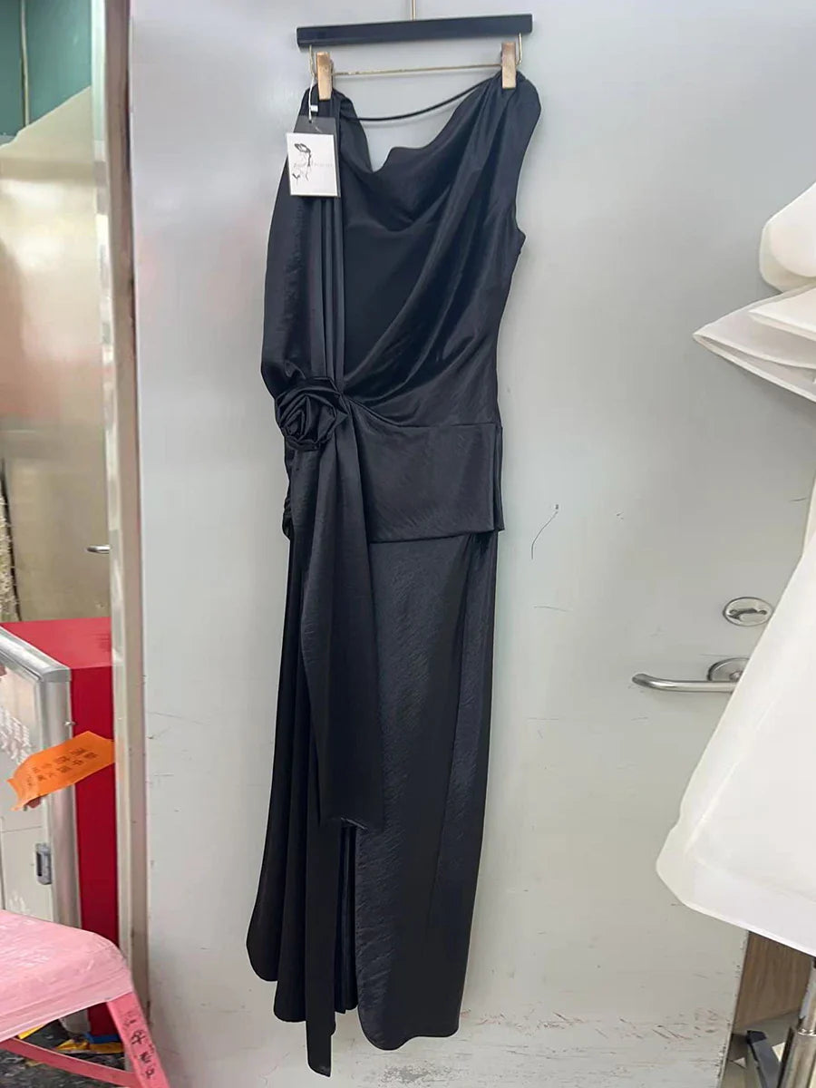 Solid Sliced 3D Flower Split Dresses for Women Swinging Collar Sleeveless Patchwork Folds Backless Dress Female New