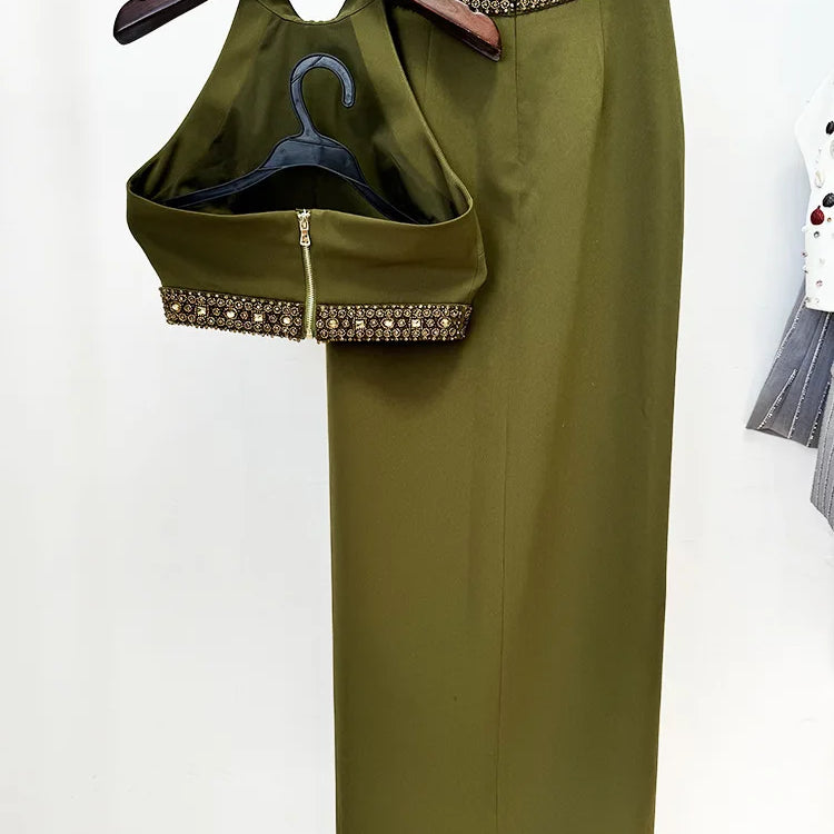 Spring Women Sexy Beading Tank Tops High Split Bodycon Long Skirts Set Elegant Evening Party Birthday Dress Vestido