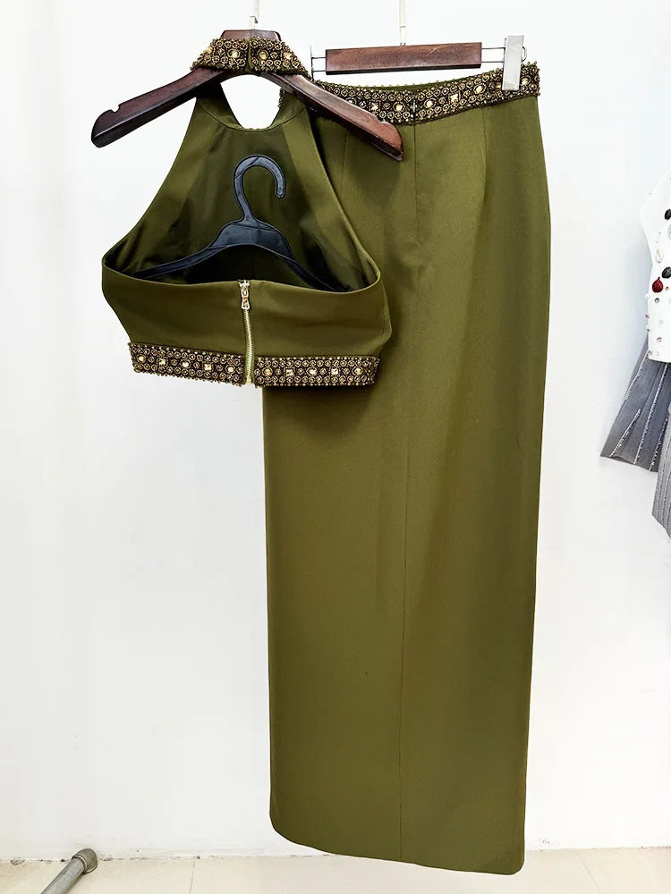 Spring Women Sexy Beading Tank Tops High Split Bodycon Long Skirts Set Elegant Evening Party Birthday Dress Vestido