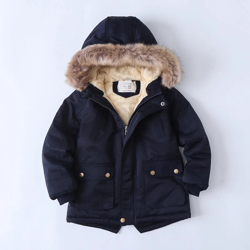 Boys Coats Autumn Winter Fashion Hooded Fur Children's Plus Velvet Warming Cotton Outerwear For Kids Jacket 5-14 Years Navy blue 01