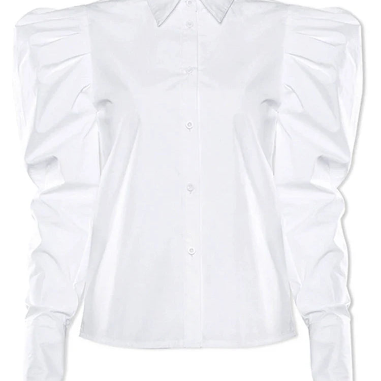 DEAT Fashion Women's Shirt Long Puff Sleeves Lapel Single Breasted White Cotton Straight Blouse Autumn New Tide 7AB1171