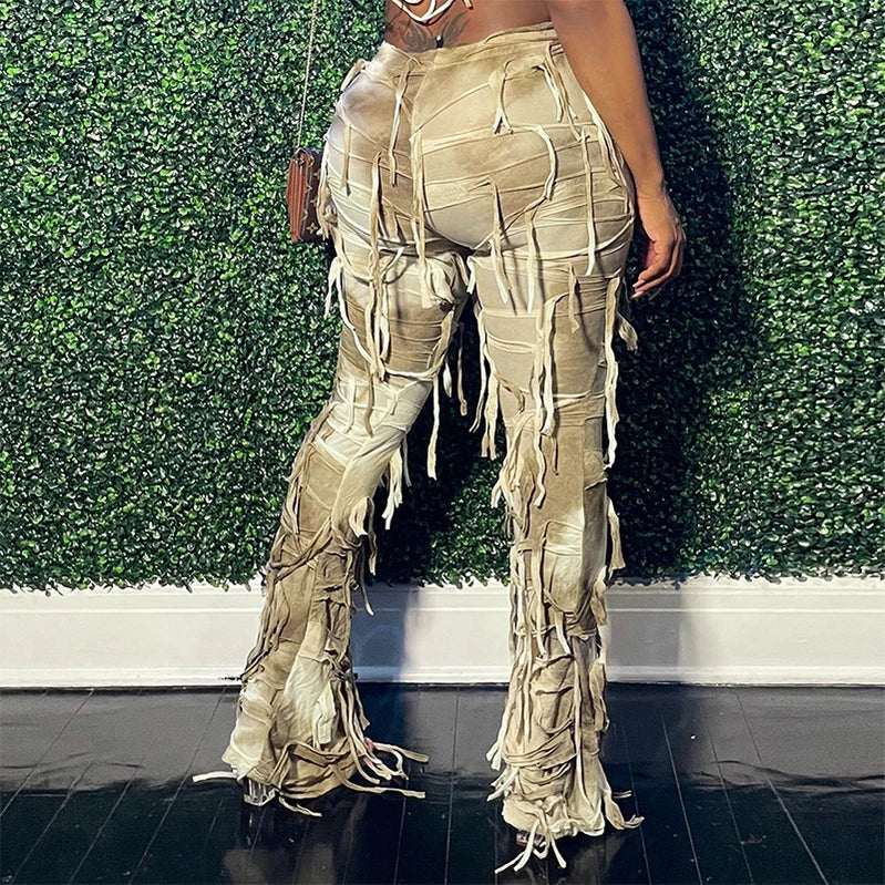 Autumn Tie-Dyed Collision Tassel High Waist Pants Skinny Casual Flared Trousers Women Slim Peculiar Fashion Streetwear