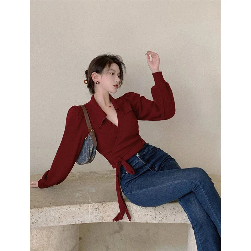 Vintage Cropped Sweater Women Bandage Knitted Pullovers Streetwear Korean Lantern Sleeve Knitwear Elegant Bodycon Jumpers