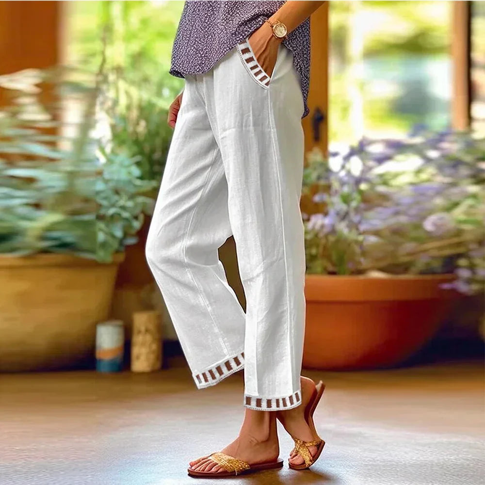 Women'S Cotton Linen Pants Loose Straight Wide Leg Cropped Pants Summer Daily Causal Solid Color Patchwork Pants With Pockets White