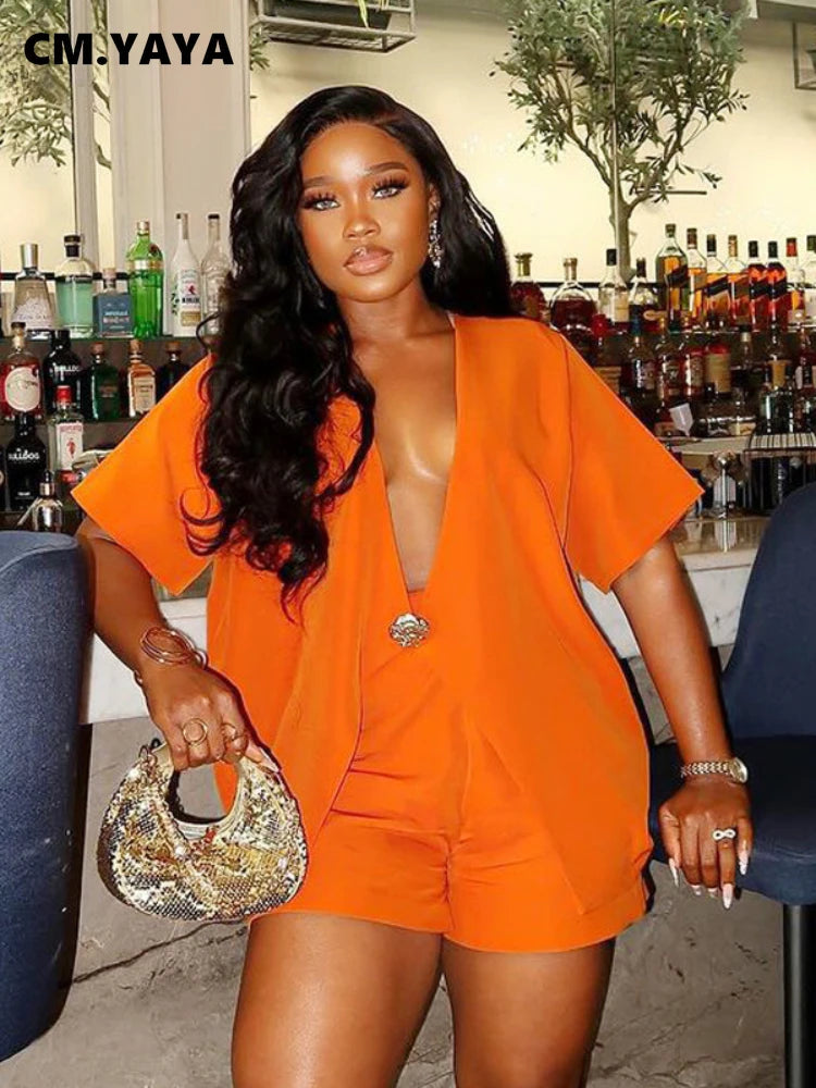 CM.YAYA Women Set v-neck Short Sleeve Shirts blazers +Shorts suits Two 2 Piece Sets Fashion 2025 OL Work Outfit Tracksuit Summer