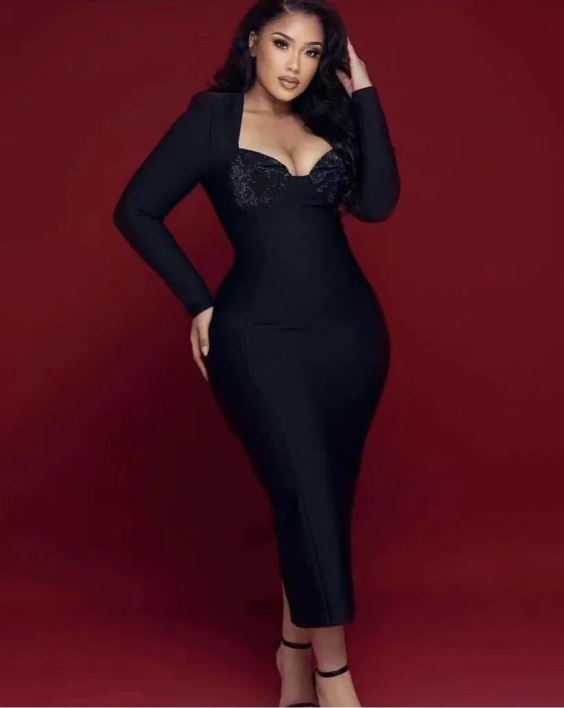 Black Red Color Women Long Sleeve Sexy Square Collar Rhinestones Bodycon Bandage Long Dress Nightclub Party Celebrate Dress