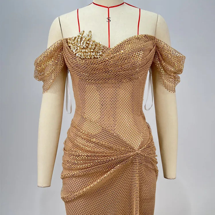 Women Celebrity Sexy Off Shoulder Diamonds Net Sparkly Gold Maxi Long Gowns Dress Elegant Evening Party Club Vestido