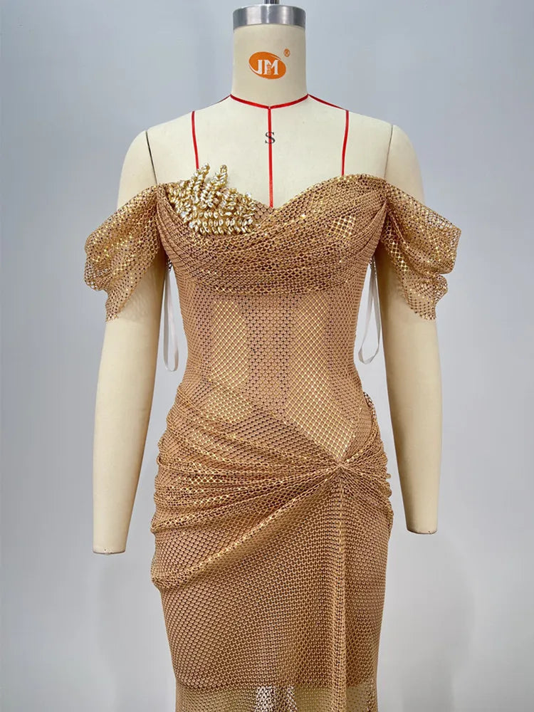 Women Celebrity Sexy Off Shoulder Diamonds Net Sparkly Gold Maxi Long Gowns Dress Elegant Evening Party Club Vestido