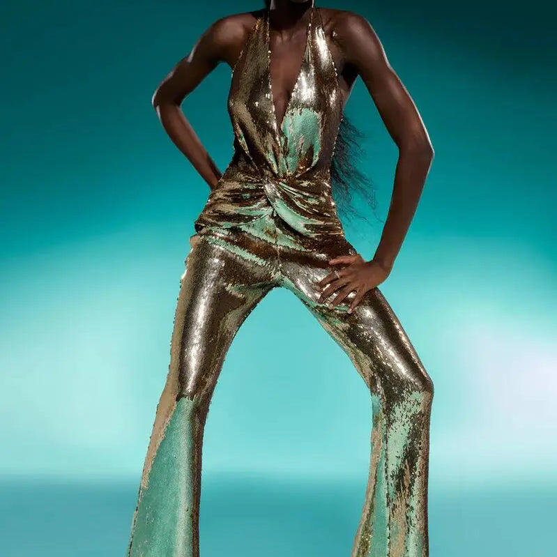 New Arrival Golden Sequins Stylish Flare Pants Halter Blackless Jumpsuit Woman Fashion Party Outfit Stage Performance Costume