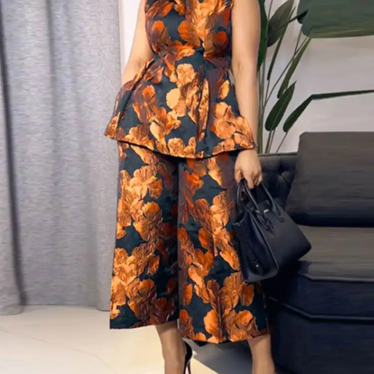 Plus Size 5XL VONDA Summer Pant Sets Women 2pcs Vintage Printed Sleeveless Tops and Elastic Waist Wide Leg Pants Sets Oversized