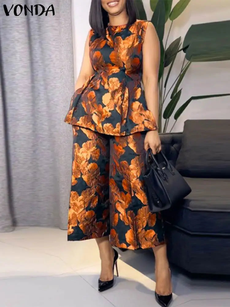 Plus Size 5XL VONDA Summer Pant Sets Women 2pcs Vintage Printed Sleeveless Tops and Elastic Waist Wide Leg Pants Sets Oversized