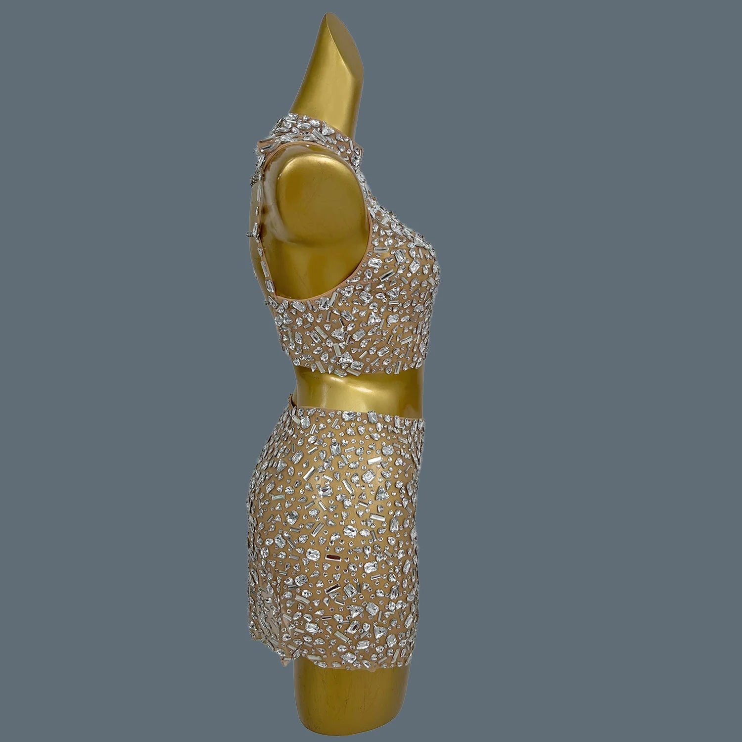 High-end Sparkly Crystals Backless Crop Tops Mini Skirt 2Pieces Set Sexy Women See Through Mesh Festival Party Outfit Shihualuo