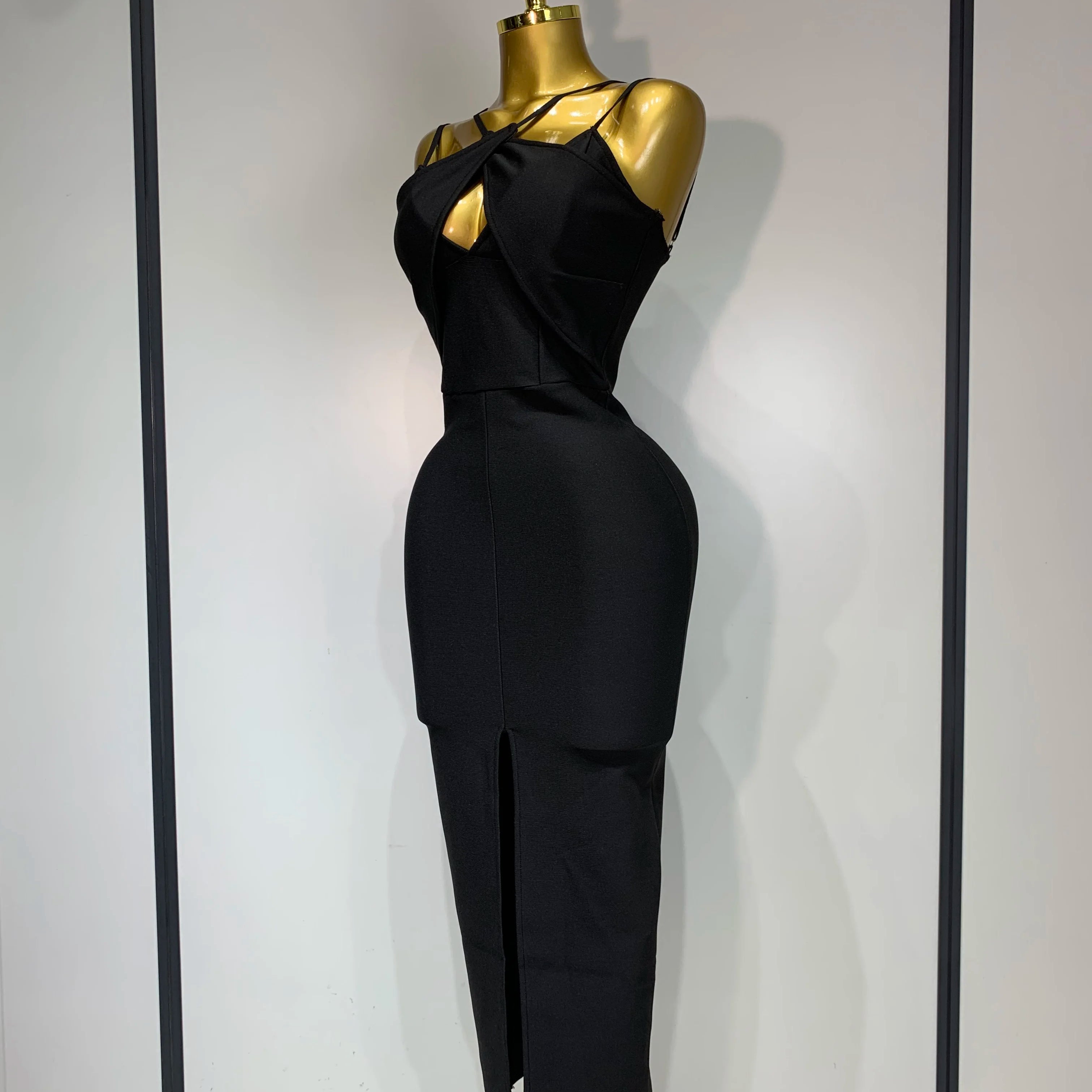 Women Sexy Sleeveless Hollow out Split Backless Black Midi Bandage Dress 2025 Celebrity Elegant Evening Cocktail Party Dresses